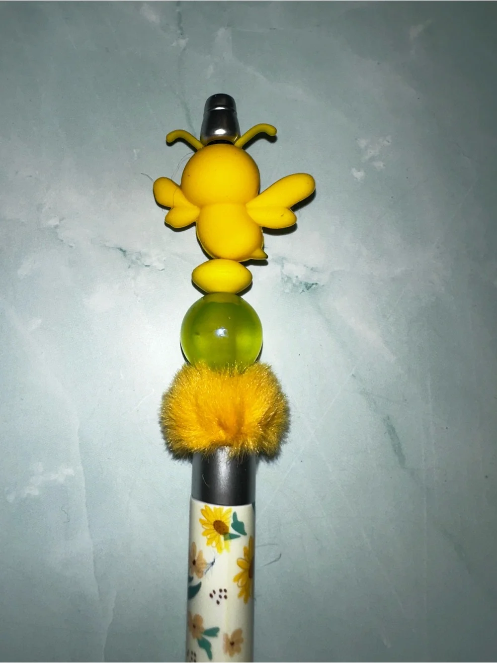 Yellow Bee Floral Ballpoint Pen with Pom Topper